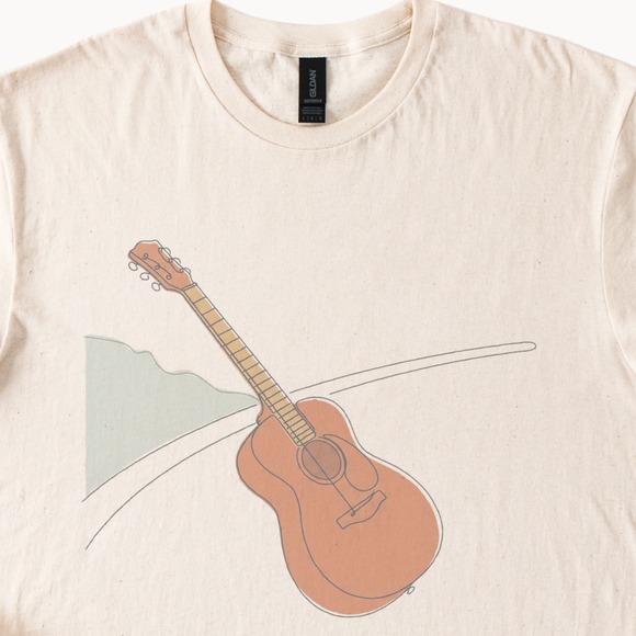 Gildan Tops - Boho Guitar Line Art Tee - Sage Green Music Lover Gift